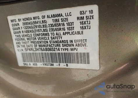 2010 Honda Odyssey Ex-L z USA, uszkodzony, nr VIN 5FNRL3H76AB065214